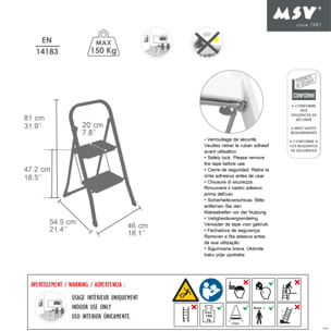 Escabeau 2 marches pliant & antidérapant en Acier Max 150kg (46x55x82cm) MSV