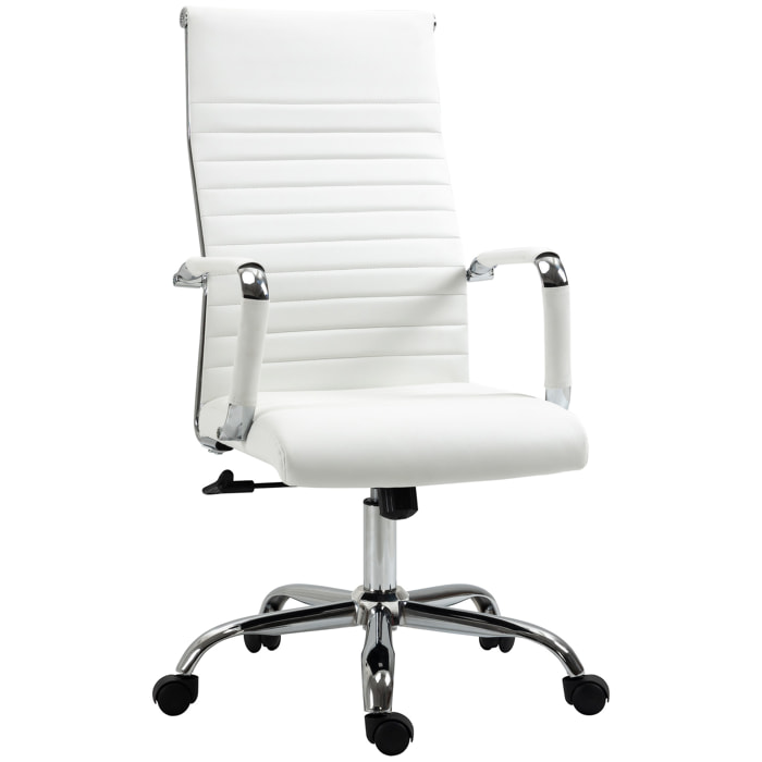 Silla de Oficina Silla de Escritorio Giratoria 360° Basculante con Altura Ajustable y Reposabrazos Tapizado en Piel Sintética 54x62x104-114 cm Blanco