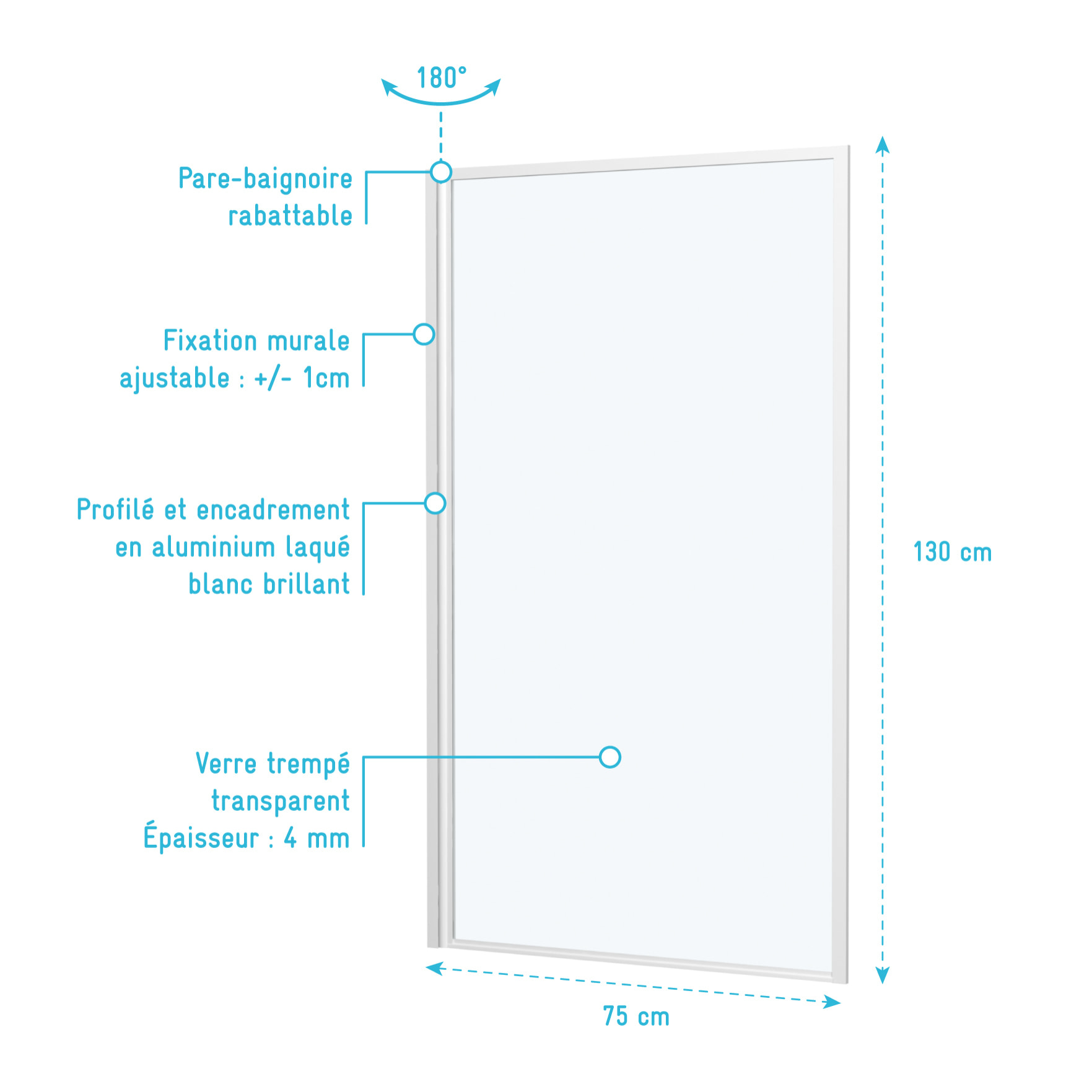 Pare baignoire rabattable 75x130cm - Finition Blanc - WHITE CONTOURING SCREEN