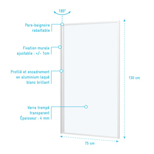 Pare baignoire rabattable 75x130cm - Finition Blanc - WHITE CONTOURING SCREEN