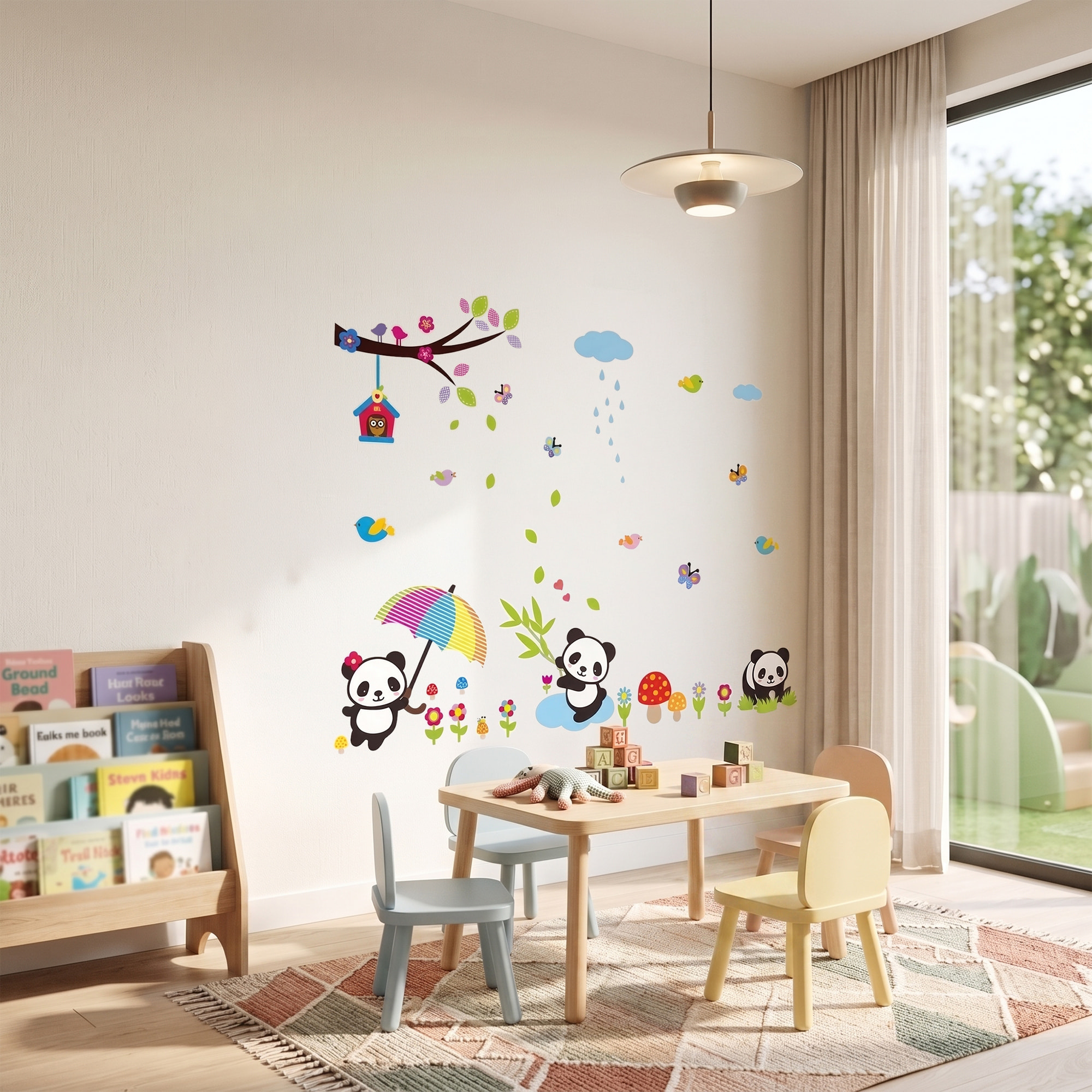Stickers Muraux décoration adhésifs bébés pandas jouant sous la pluie