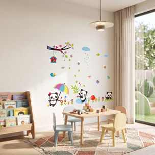 Stickers Muraux décoration adhésifs bébés pandas jouant sous la pluie