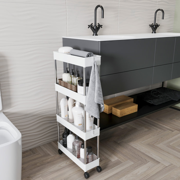 Carrello Portaoggetti 4 Ripiani Mobile Salvaspazio In Plastica Con Ruote Struttura In Acciaio Per Spazi Ridotti Cucina Bagno 40 x 13 x 85 Cm Bianco