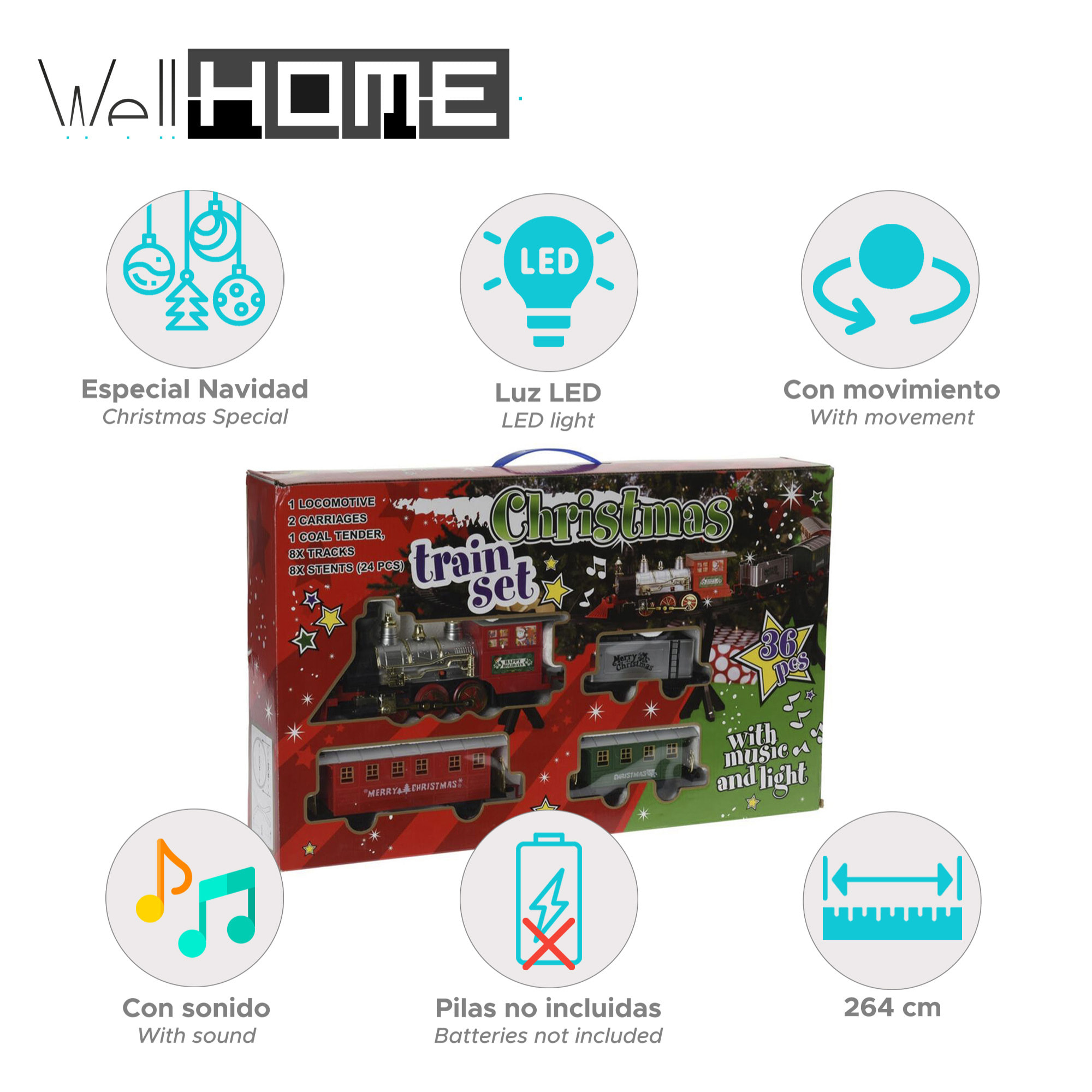 Juego de tren de navidad de 36 piezas con sonido y faro con una vía de 264cm