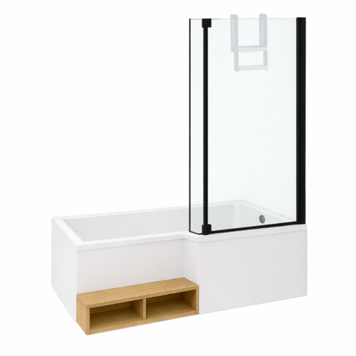 Pack baignoire bain douche antidérapante 180 x 90 Neo version droite + pare bain noir mat + tablier angle