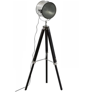 Lampadaire trépied "Ebor" - noir et chrome - métal & bois H152 cm