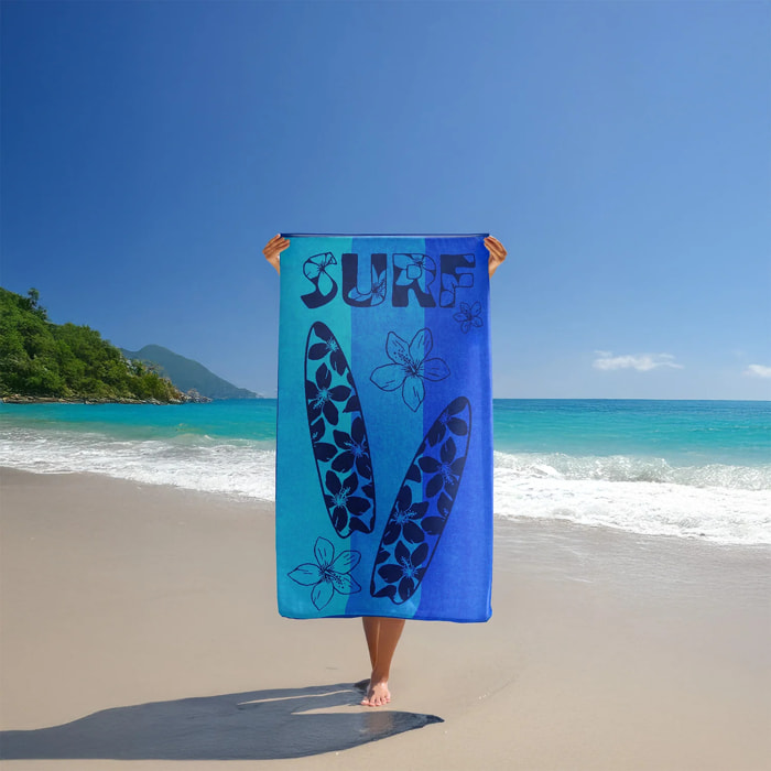 Serviette de plage éponge velours Jacquard Bleu 95x175 440g/m² - Pyrgos
