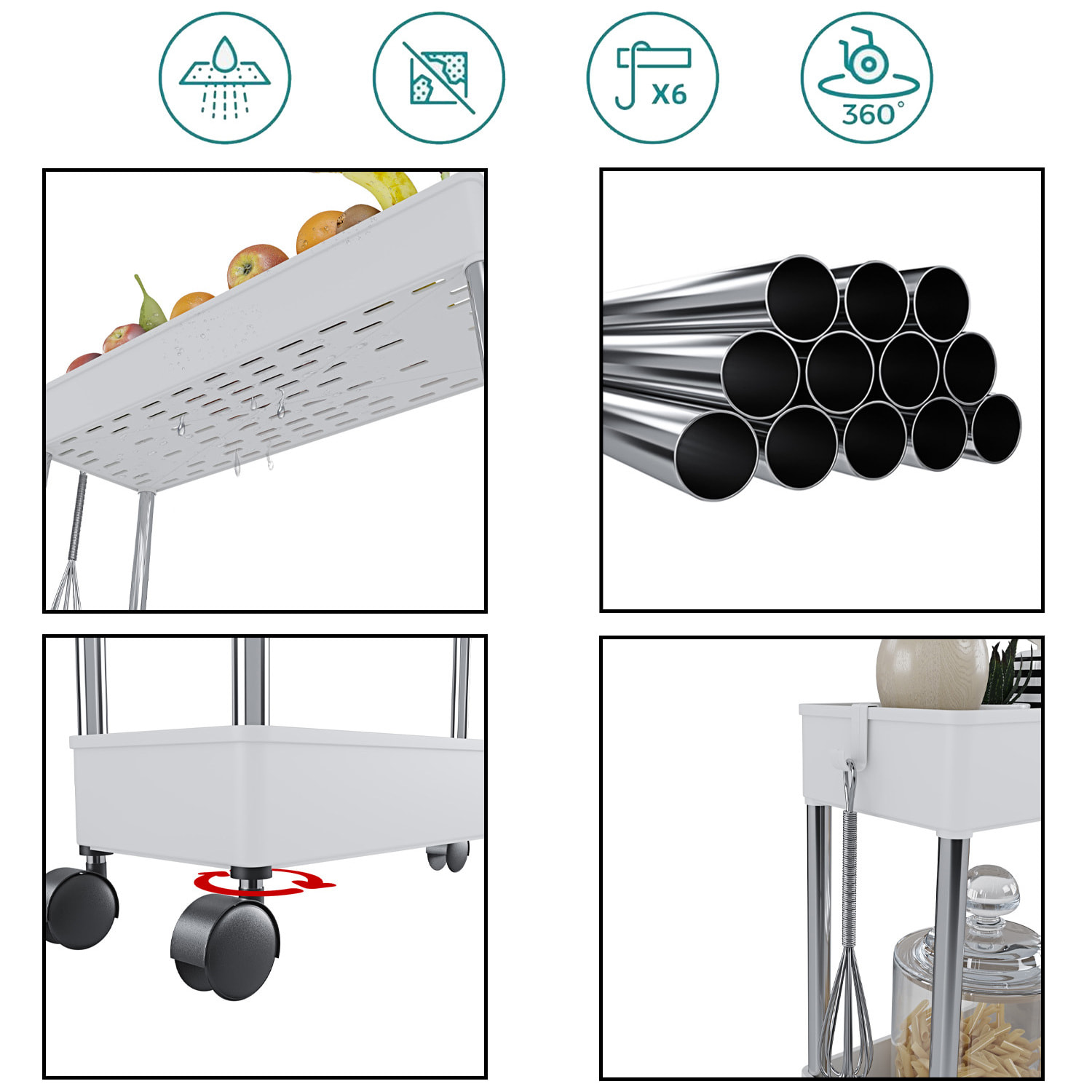 Carrello Portaoggetti 4 Ripiani Mobile Salvaspazio In Plastica Con Ruote Struttura In Acciaio Per Spazi Ridotti Cucina Bagno 40 x 13 x 85 Cm Bianco