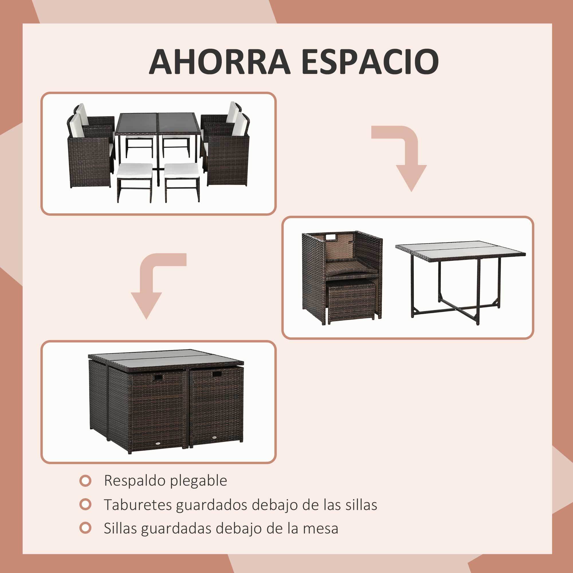 Conjunto de Muebles Jardín Comedor Apilable 9 Piezas de Ratán con Cojines Marrón