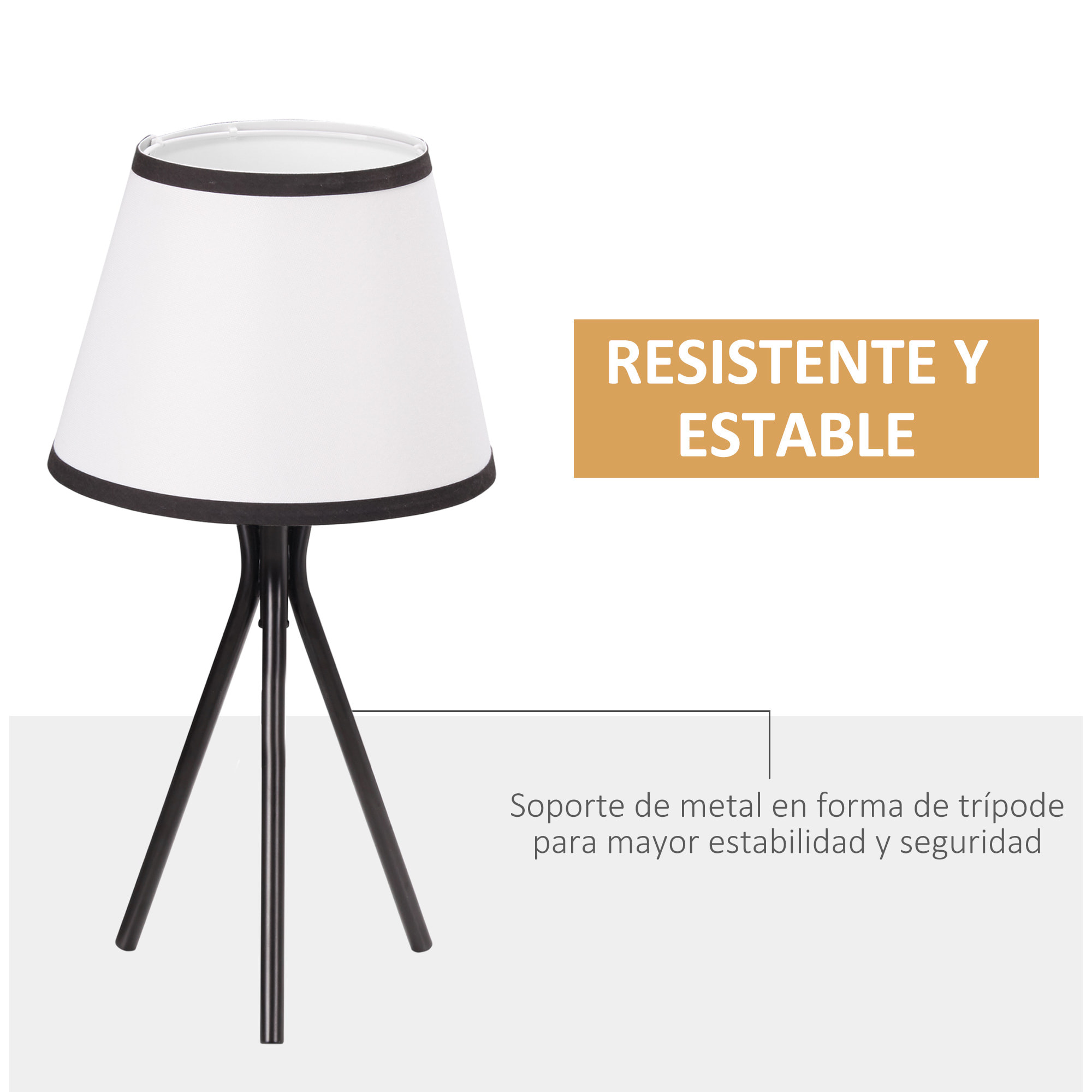 HOMCOM Lámpara de Mesa con Trípode de Metal Lámpara de Escritorio con Pantalla de Tela y Casquillo E27 Máx. 40W Estilo Moderno para Dormitorio Salón Ø25x50 cm Blanco y Negro