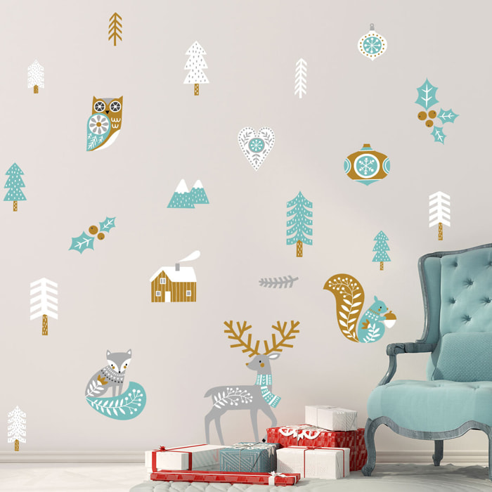 Stickers Noël cerf et renard scandinave - Autocollants stickers adhésifs noël - décoration fêtes