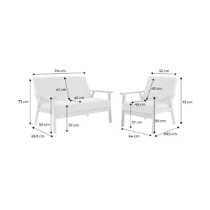 Canapé banquette 2 places + Fauteuil velours côtelé. pieds bois. marron