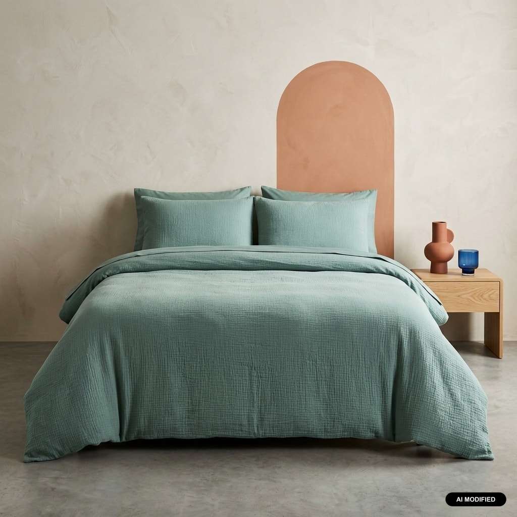 Parure de lit gaze de coton vert amande ALIX