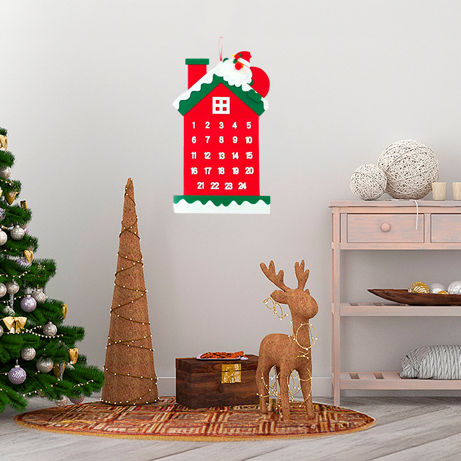 Calendario de adviento con diseño de casa con chimenea y Papa Noel para colgar. 59cm.
