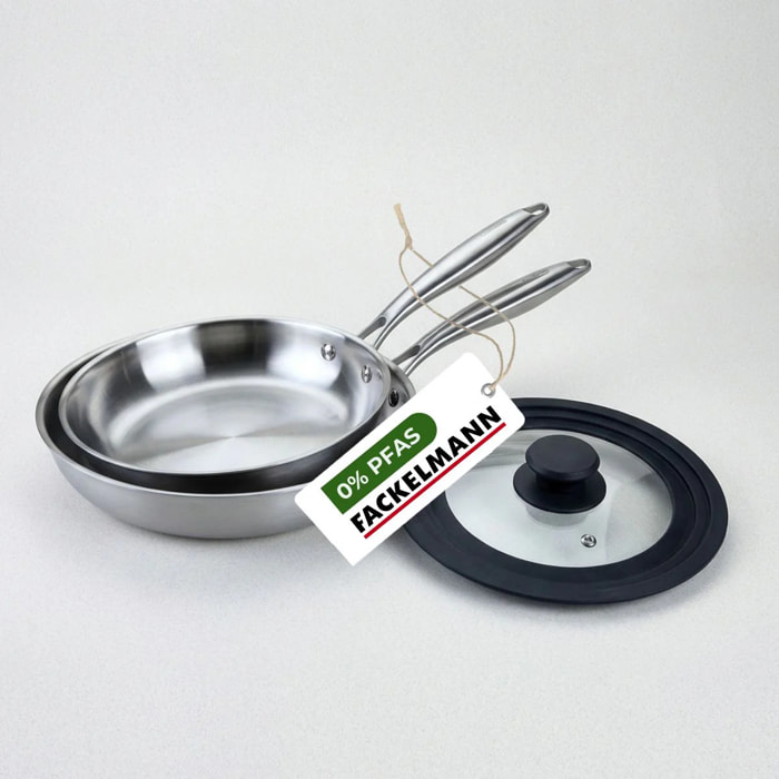 2 poêles inox 18/10 Triply et couvercle Fackelmann Vita3
