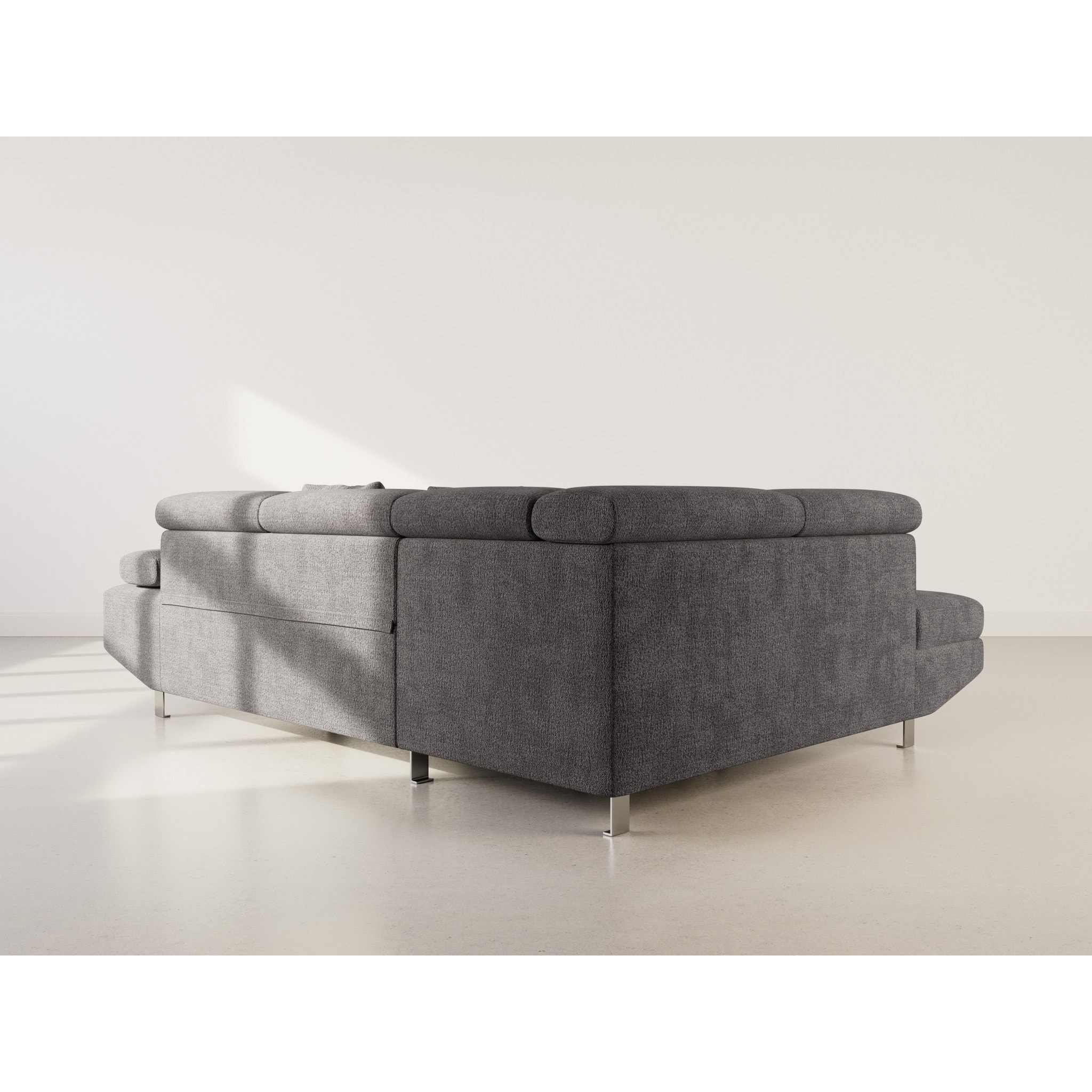 Margaux - Canapé d'angle gauche 5 places convertible avec coffre et têtières réglables en velours texturé - Gris