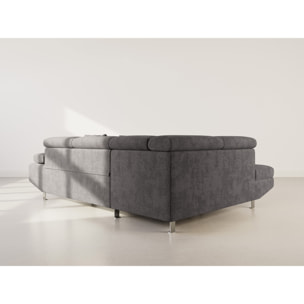 Margaux - Canapé d'angle gauche 5 places convertible avec coffre et têtières réglables en velours texturé - Gris