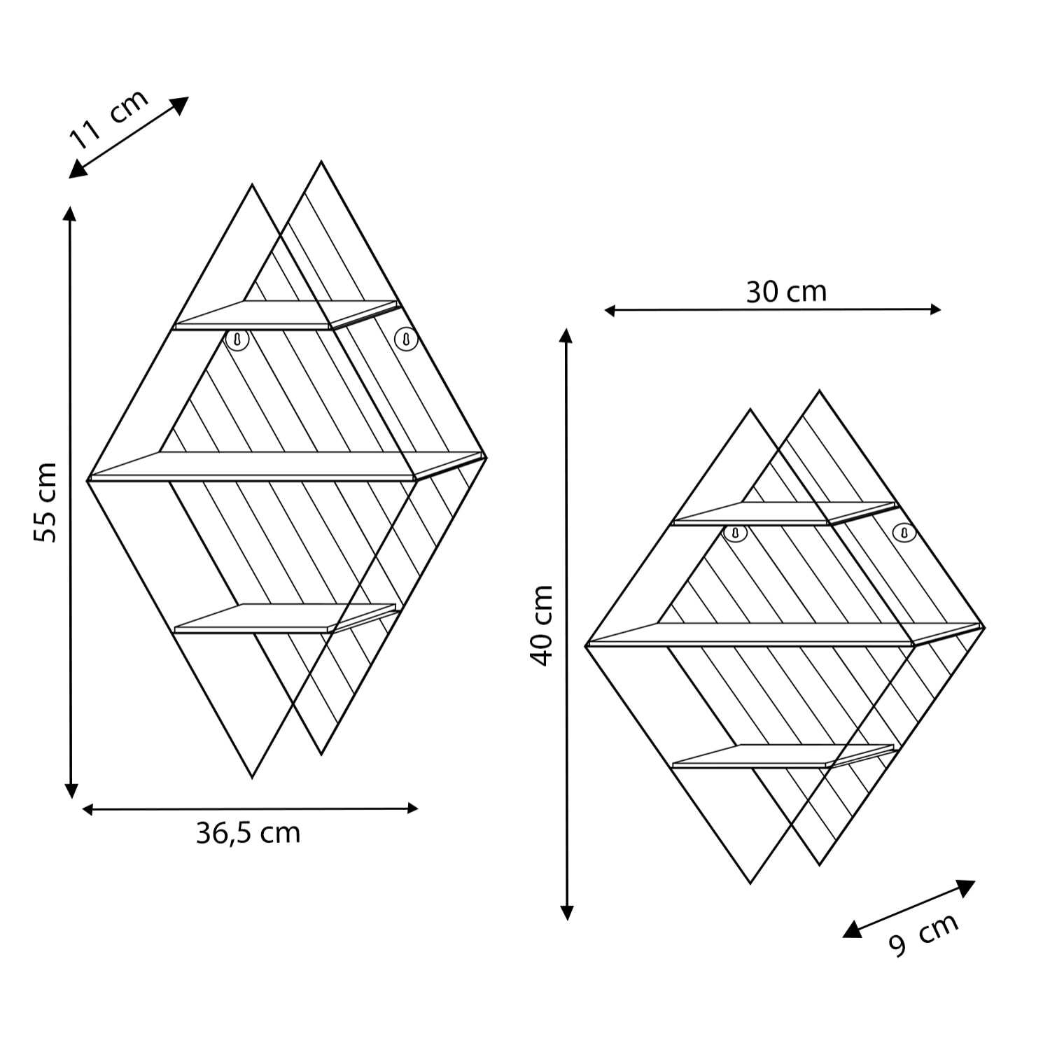 Set de 2 estantes de pared Diamante metal negro y madera de Paulownia