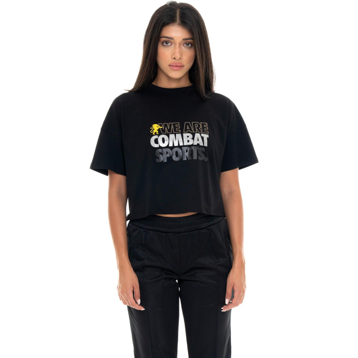 T-shirt donna crop a manica corta, tessuto elasticizzato Leone 1947 Gold Studs