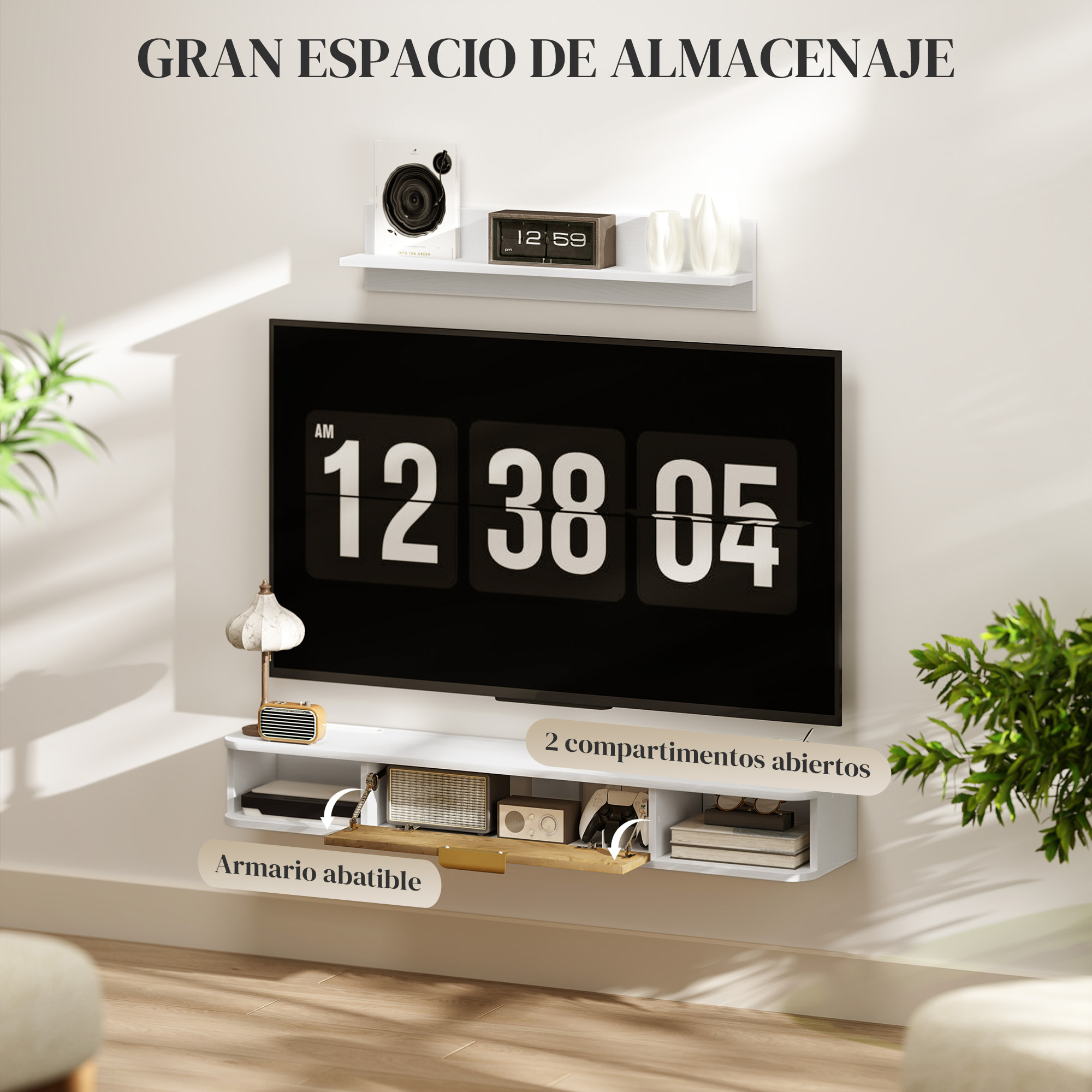 Mueble de Salón Mueble de Comedor con Estante de Pared Mueble de TV Armario Compartimentos Orificios para Cables para Televisión de Pared 120x24x16 cm Blanco