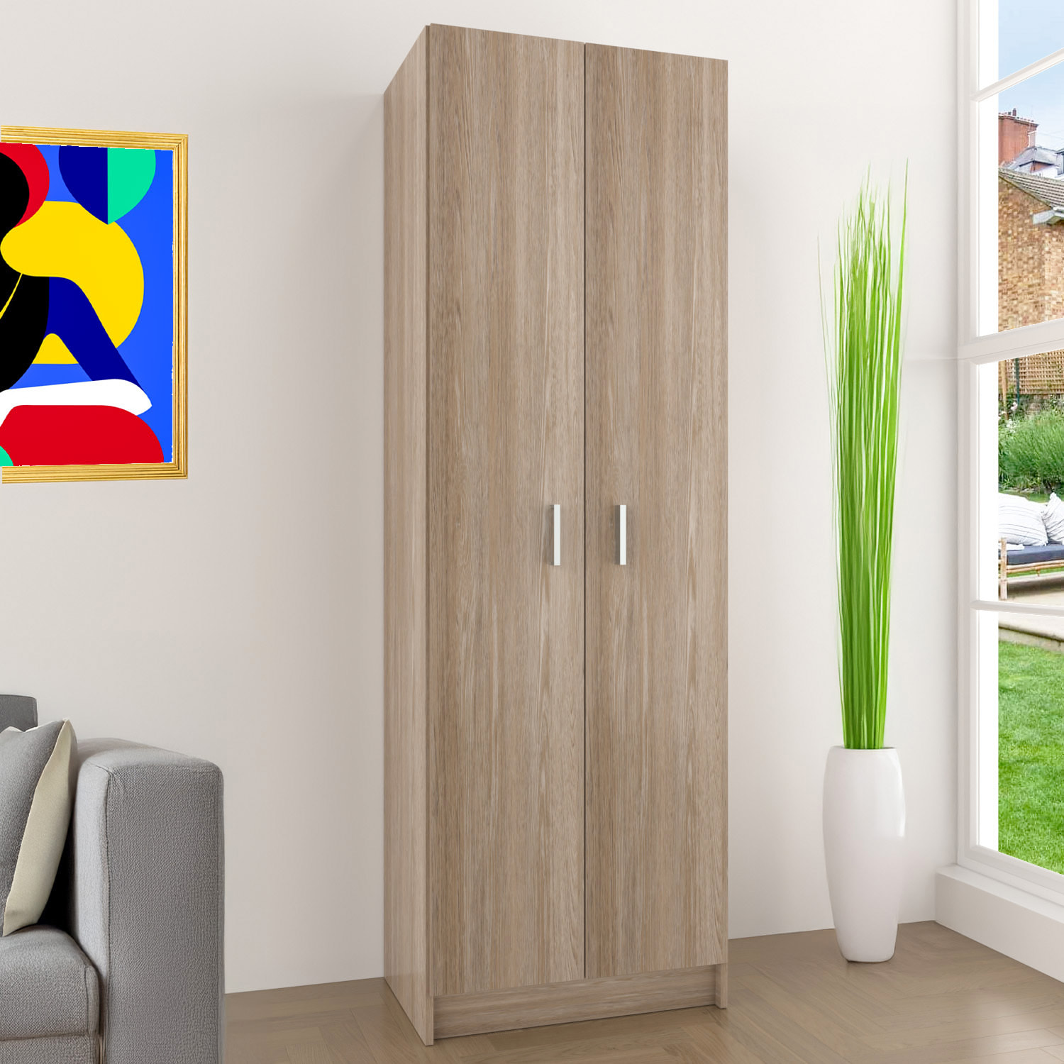 Armadio Armadietto Multiuso A Colonna Alphabet con 2 Ante e 8 Ripiani Ingresso Camera da Letto 59 x 37 x 180 Cm Colore Rovere Chiaro