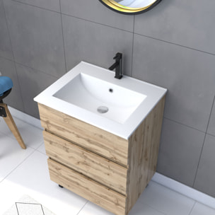 Pack Meuble SDB 60cm sur pieds 3 tiroirs Chene_Vasque blanche + Miroir Barber - TIMBER 60