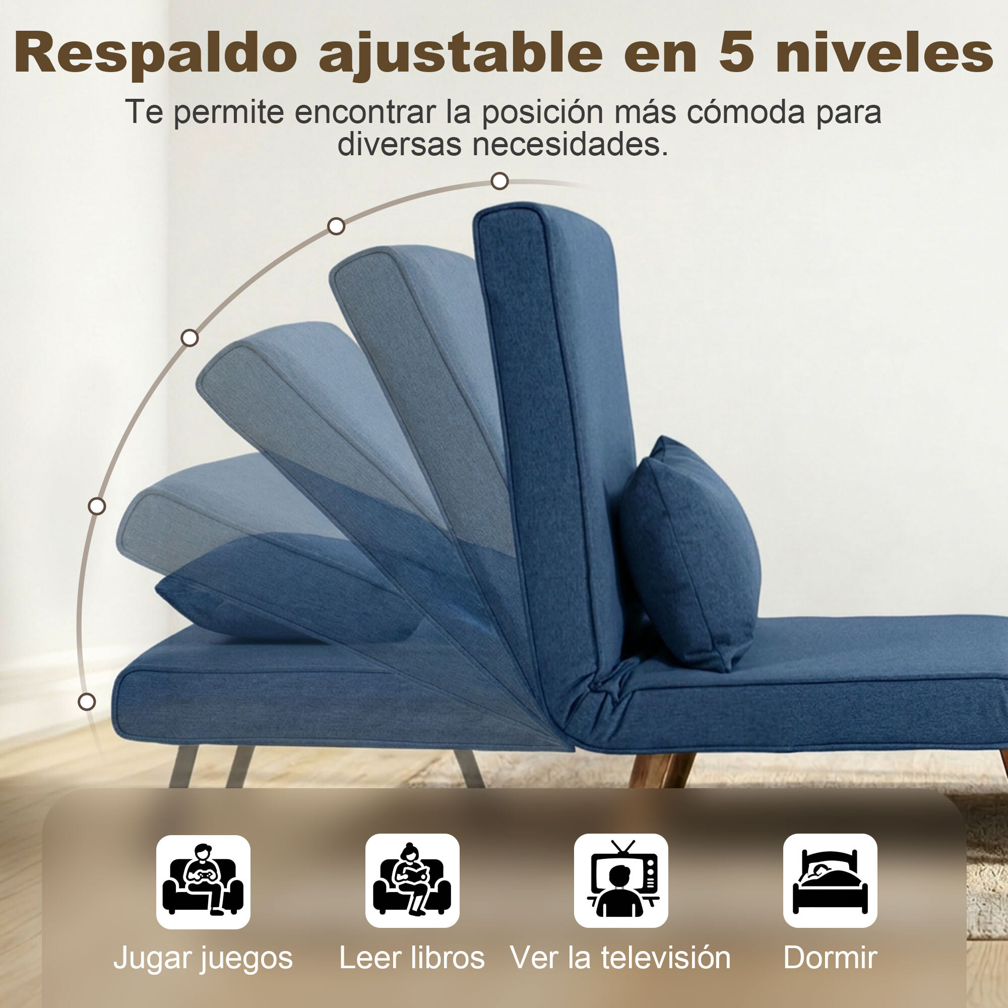 Sofá Cama Individual 3 en 1, Sillón Cama Plegable con Respaldo Ajustable en 5 Posiciones, Asiento Amplio, Almohada Acolchada, Patas de Madera, 72x75x85 cm, Azul Oscuro