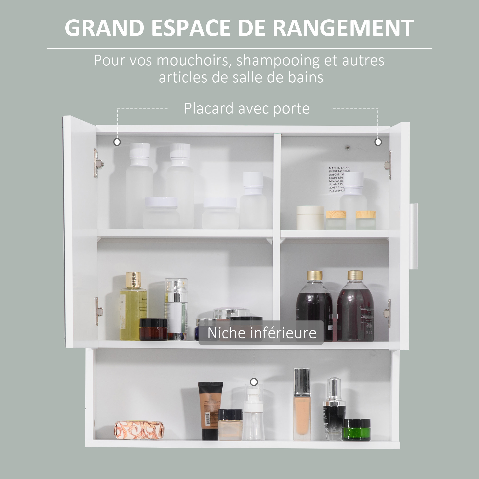 Armoire murale miroir de salle de bain - 2 portes, étagères, niche - dim. 54L x 15,2l x 55,3H cm - MDF blanc