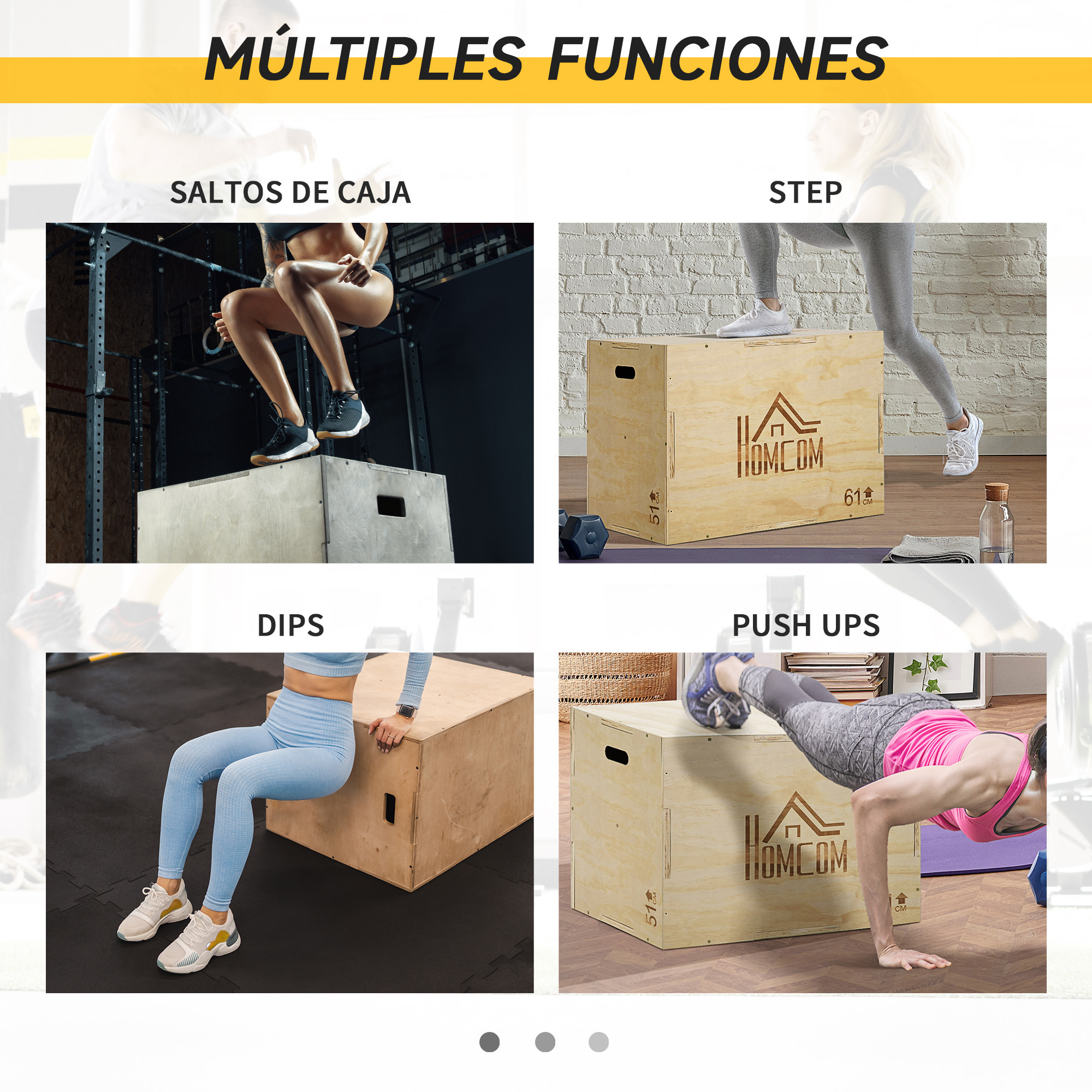 Caja Pliométrica de Madera 3 en 1 Caja de Salto con 2 Mango Hueco Entrenamiento de Fuerza en Casa Oficina Gimnasia CrossFit Carga 120 kg 61x51x76 cm Madera Natural