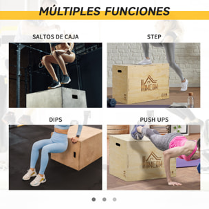 Caja Pliométrica de Madera 3 en 1 Caja de Salto con 2 Mango Hueco Entrenamiento de Fuerza en Casa Oficina Gimnasia CrossFit Carga 120 kg 61x51x76 cm Madera Natural