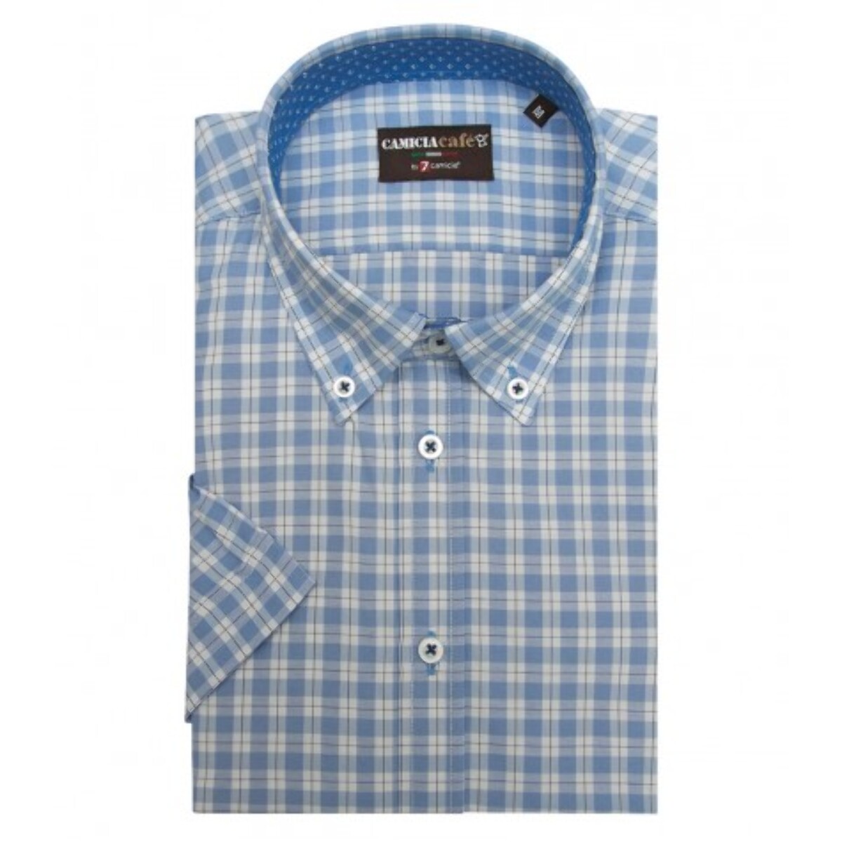 Camicia Uomo 1 Bottone Button Down Manica Corta Slim Cotone poliestere Quadro Medio Bianco/Celeste