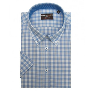 Camicia Uomo 1 Bottone Button Down Manica Corta Slim Cotone poliestere Quadro Medio Bianco/Celeste