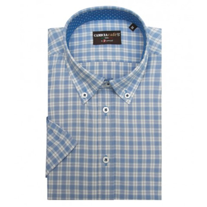 Camicia Uomo 1 Bottone Button Down Manica Corta Slim Cotone poliestere Quadro Medio Bianco/Celeste