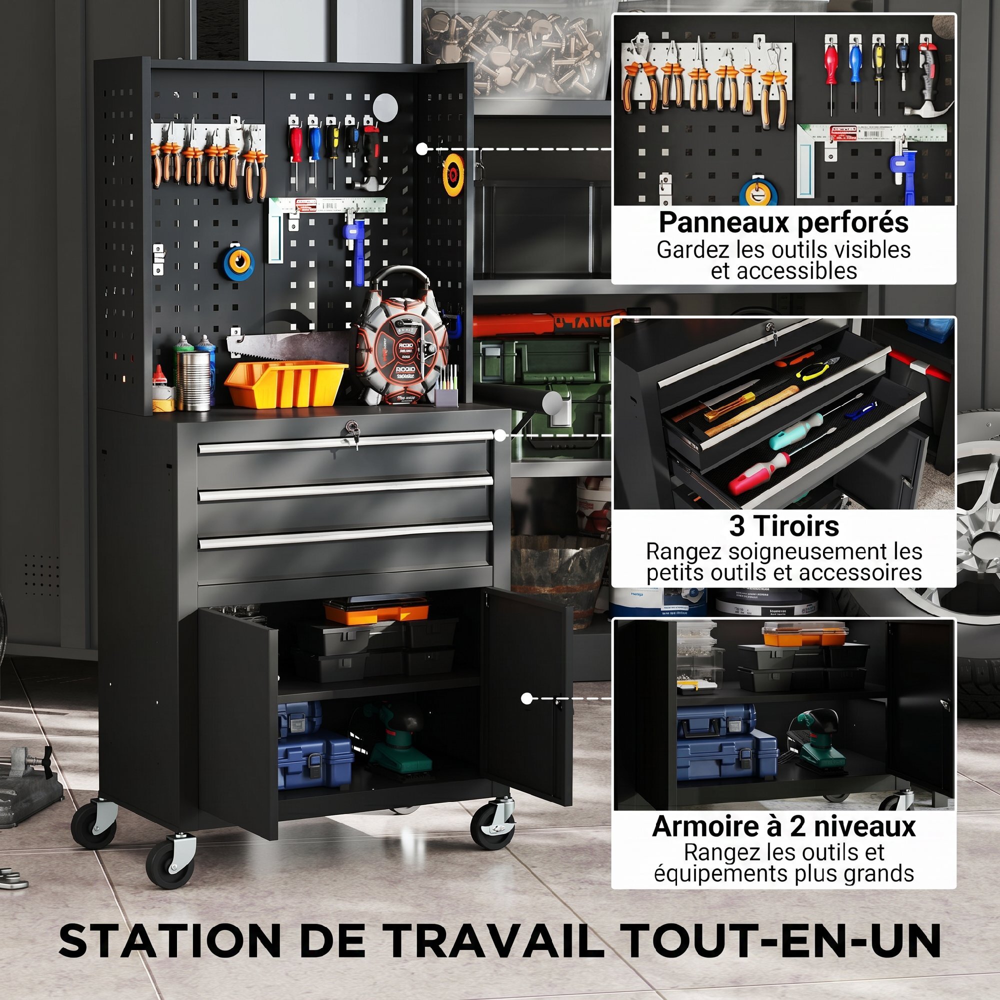 Servante d'atelier acier verrouillable 3 tiroirs 2 portes panneau perforé noir