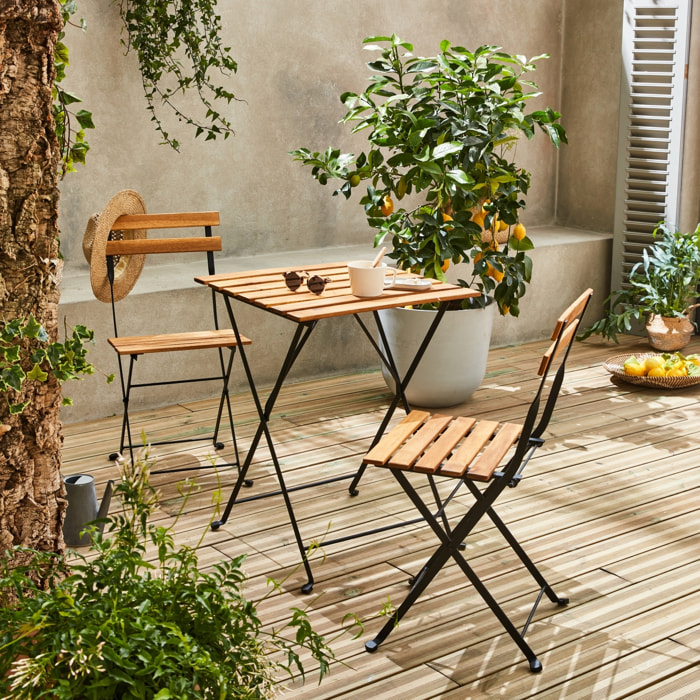 Table de bistrot pliante bois d'acacia et métal + 2 assises 55 x 54 cm