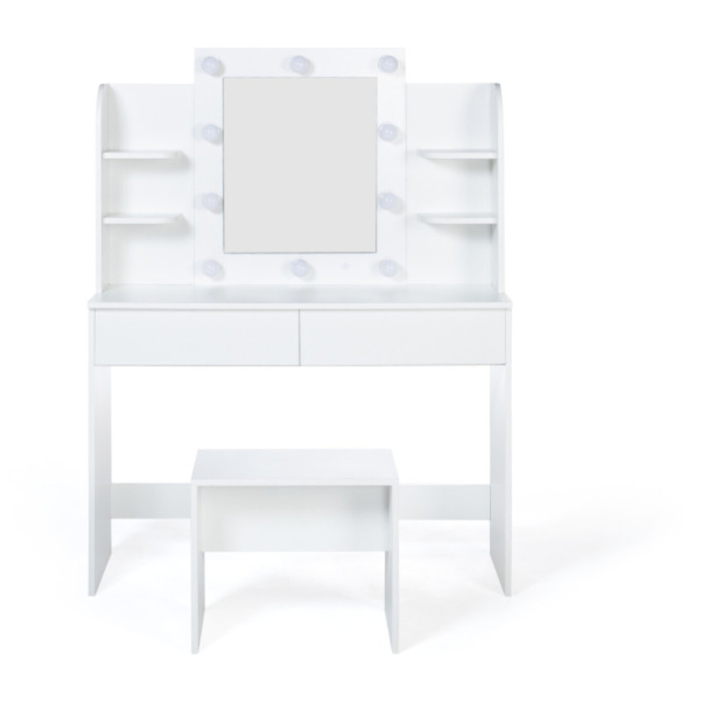 Coiffeuse Zélia blanche avec étagères, miroir LED + tabouret