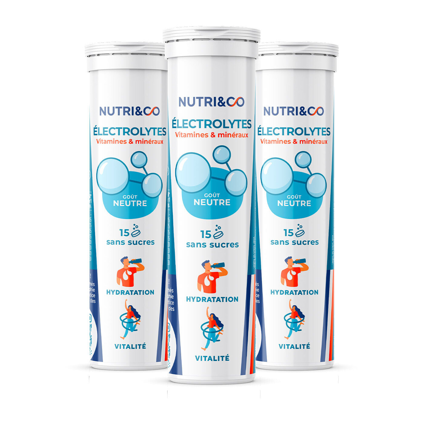 Nutri&Co Électrolytes Hydratation - 5 Minéraux 4 Vitamines - Sans Saveur - Lot de 3 tubes - 45 comprimés