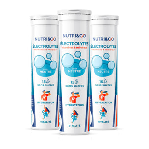 Nutri&Co Électrolytes Hydratation - 5 Minéraux 4 Vitamines - Sans Saveur - Lot de 3 tubes - 45 comprimés