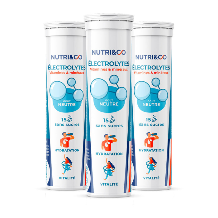 Nutri&Co Électrolytes Hydratation - 5 Minéraux 4 Vitamines - Sans Saveur - Lot de 3 tubes - 45 comprimés