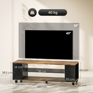 Mueble de TV con Ruedas, Mesa de TV Suspendido o de Pie, para Salón, con 4 Estantes Abiertos, para Televisión de 55 Pulgadas, Estilo Moderno, 120x40x38,5 cm, Nogal y Negro