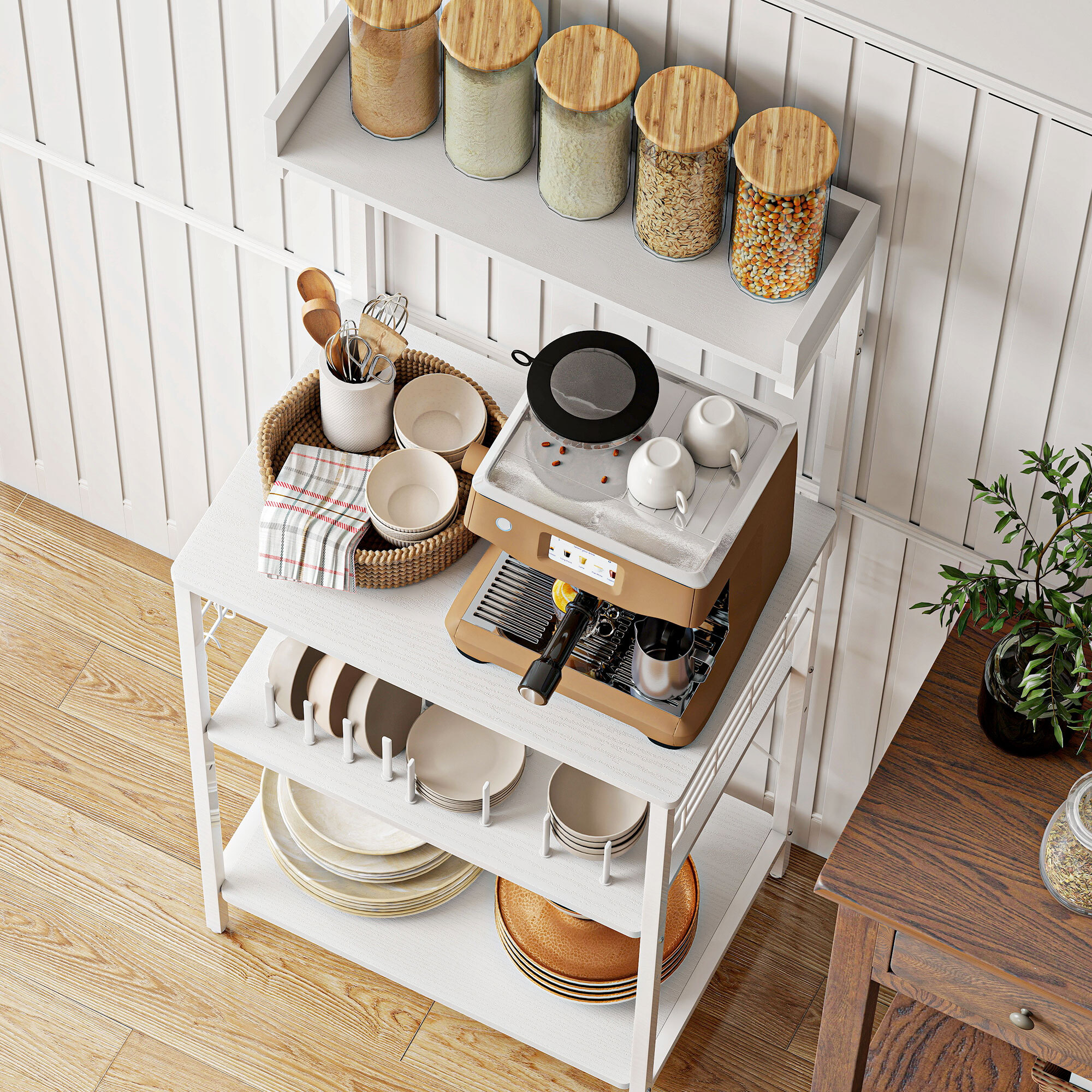 Estantería de Cocina con 2 Tomacorrientes, Estantería de Panadería Industrial con Estación de Café, Estante para Microondas, Estante Ajustable, Ganchos, 60x42x137 cm, Blanco