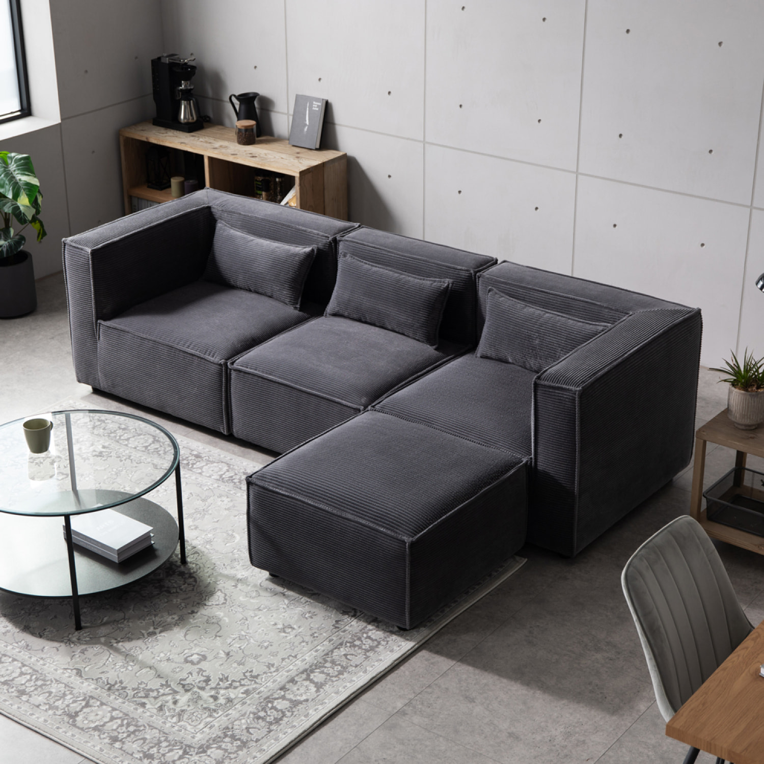 RAMOS Canapé modulable 3 places velours côtelé gris avec pouf