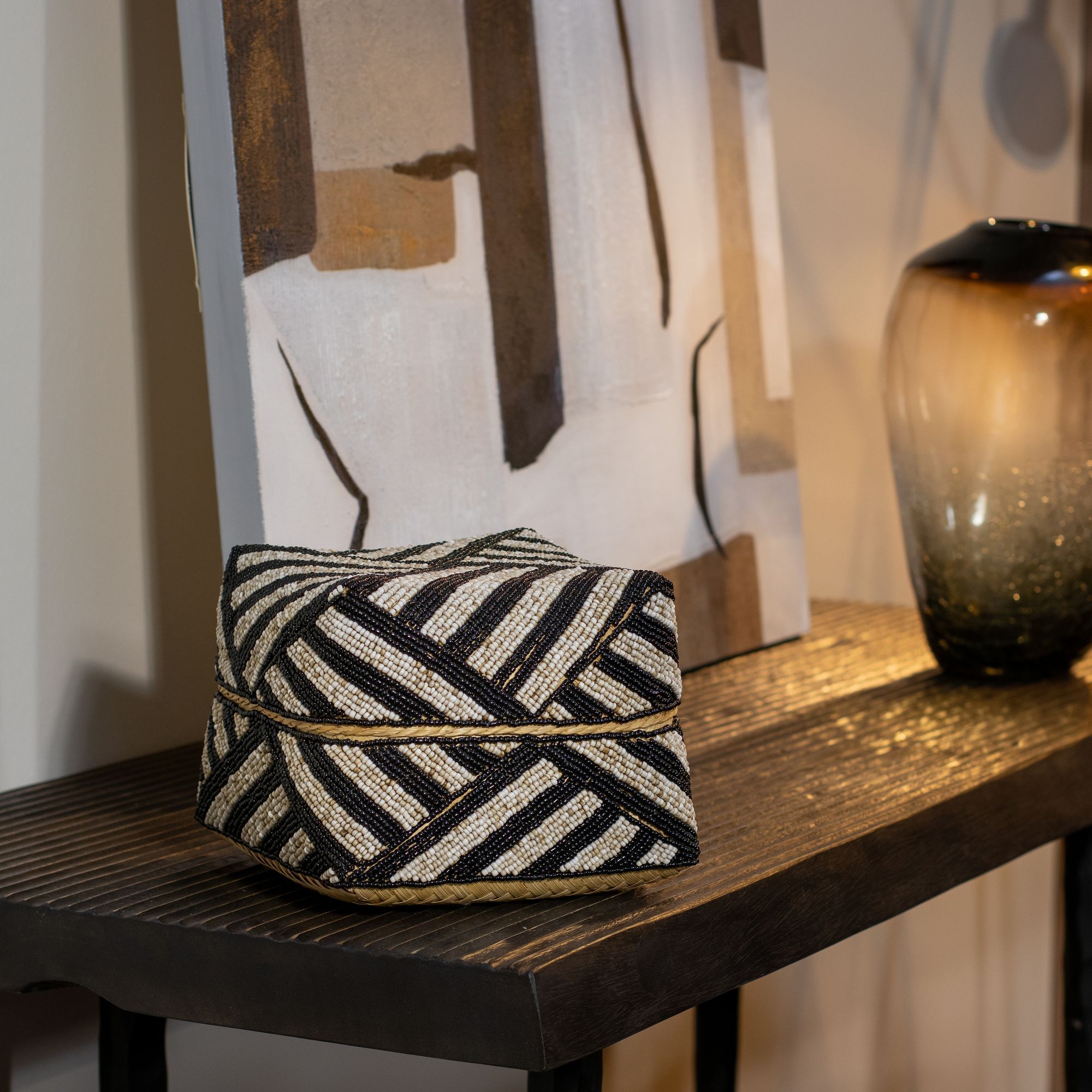 Boite en bambou ornée de perles 20cm BAO