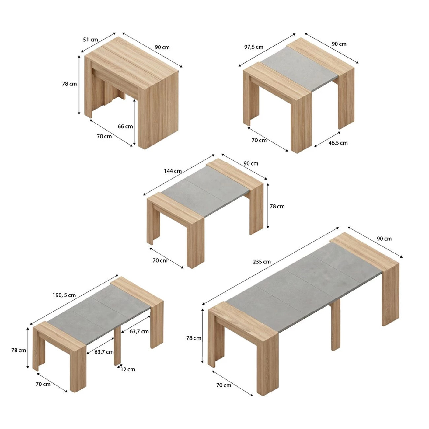 Mesa consola extensible en roble canadian y gris cemento 50-235x90 cm Denis Roble Canadian - Gris Cemento