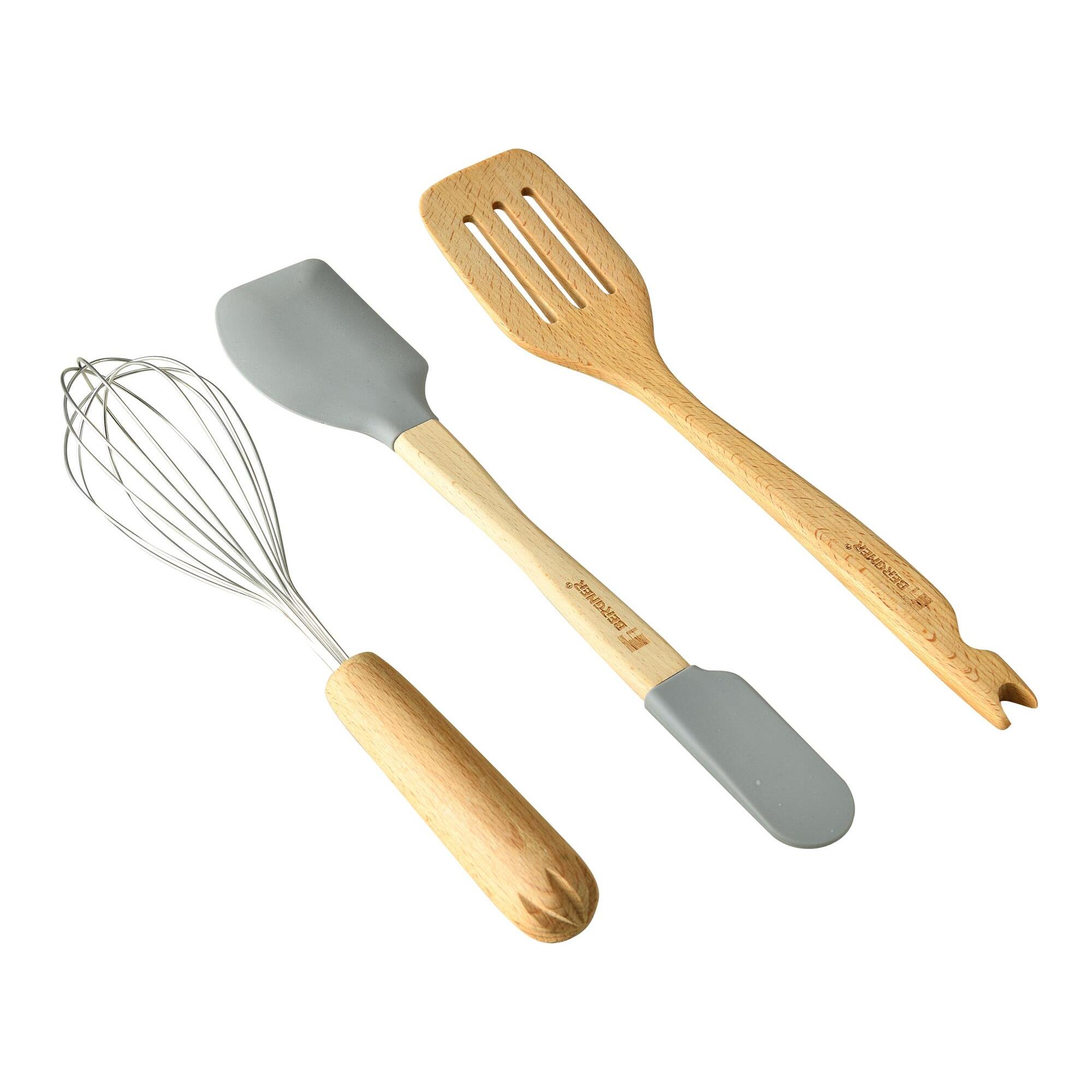 Juego de 3 Utensilios 2 en 1 de cocina Multifunción GENIUS en madera y silicona Bergner.