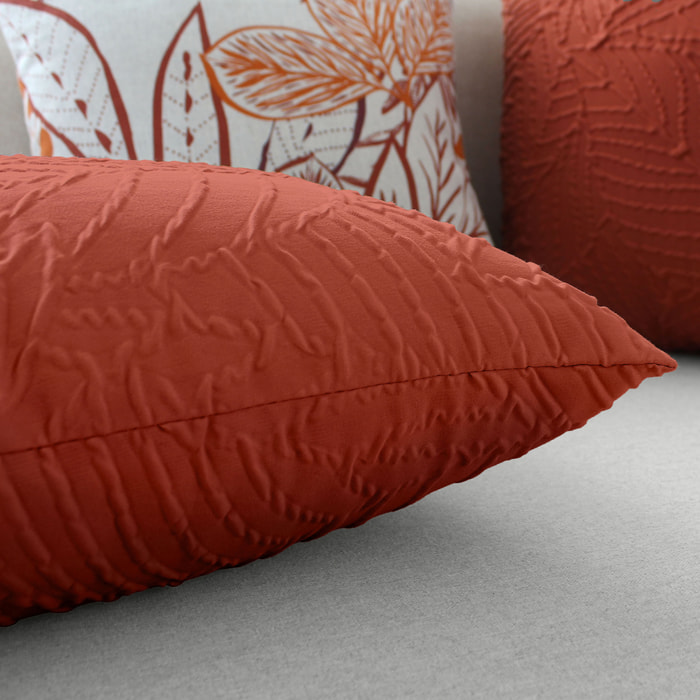 Coussin carré feuillage aspect gaufré - Terracotta