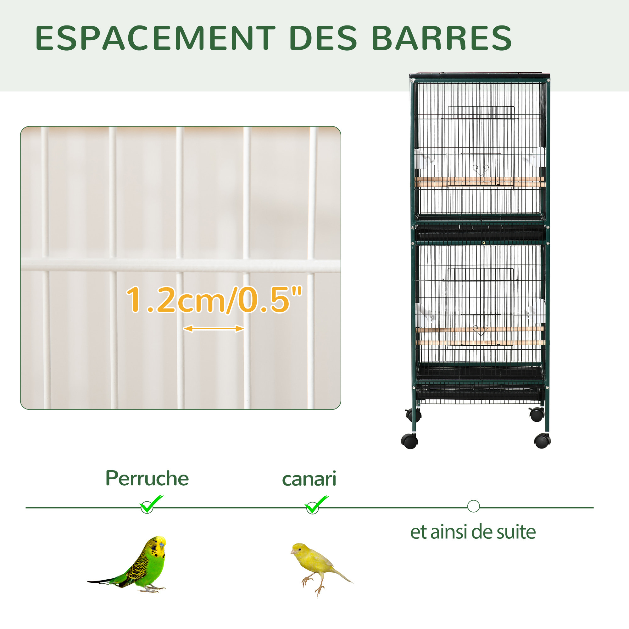 Grande cage à oiseaux sur pied à roulettes - volière double, mangeoires, perchoirs, plateau amovible - vert noir