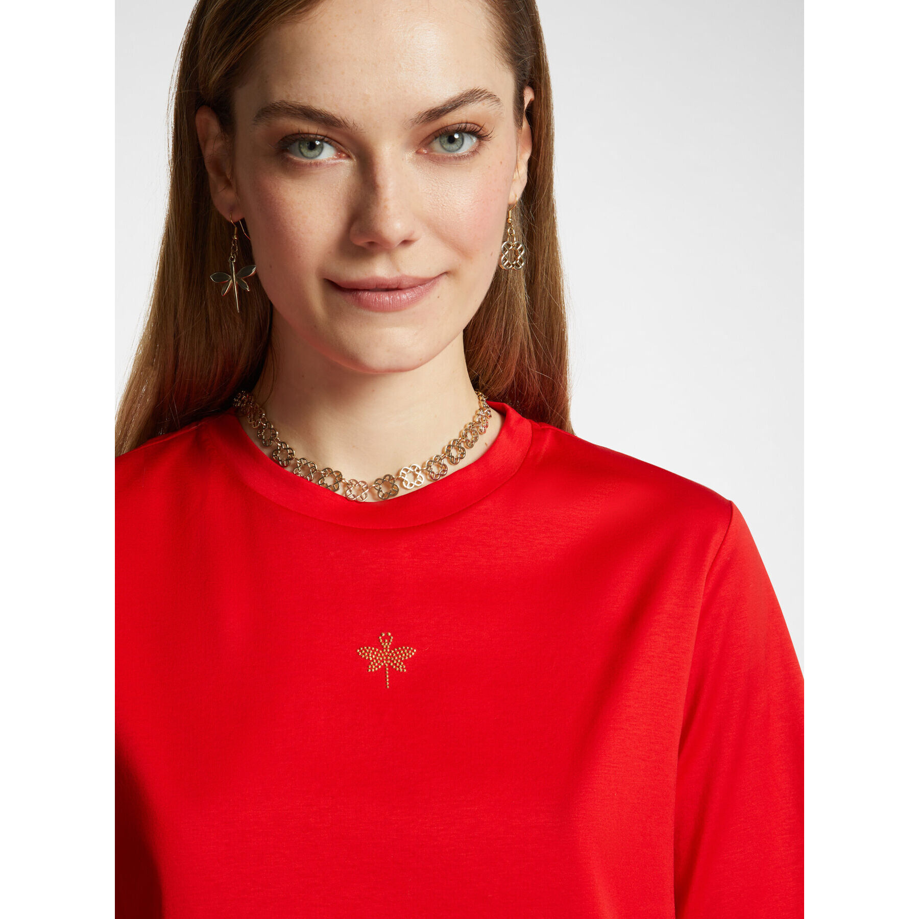 Elena Mirò - T-shirt con piccola libellula in strass - Rosso