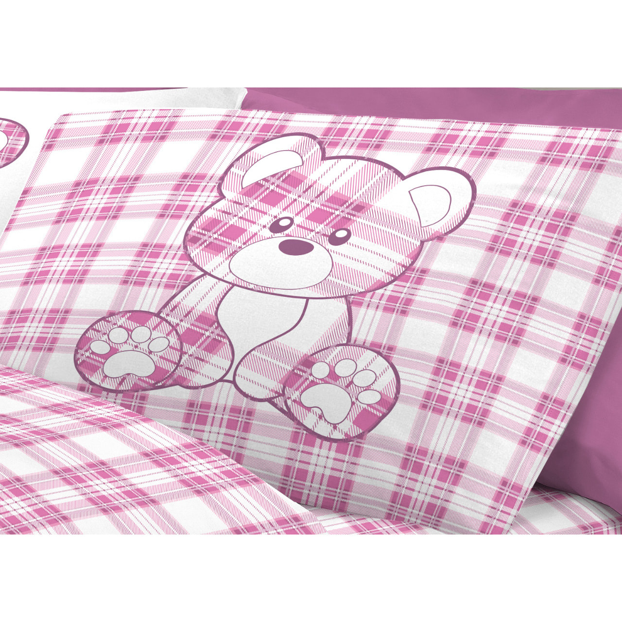 Completo Lenzuola In 100% Cotone Orsetto Tartan Primavera