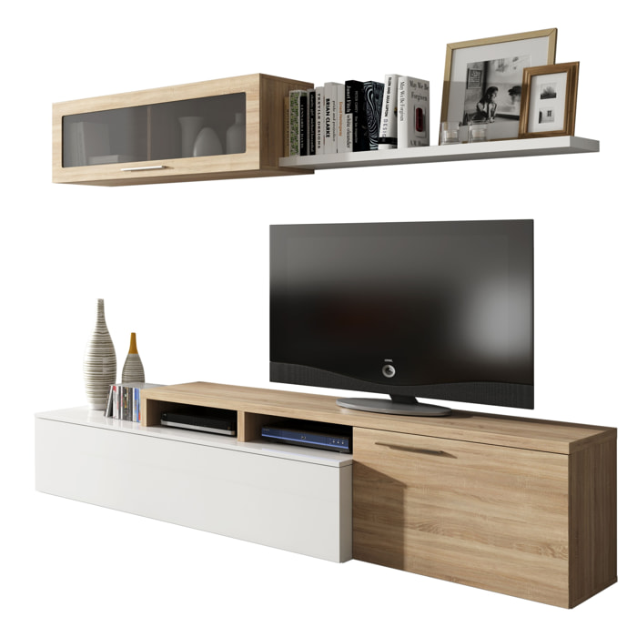 Parete Attrezzata Soggiorno Moderna Salotto con Mobile TV Modulo Sospeso Anta in Vetro Fumé Mensola Scandinavo Moderno 200x43x41 Cm Bianco Rovere